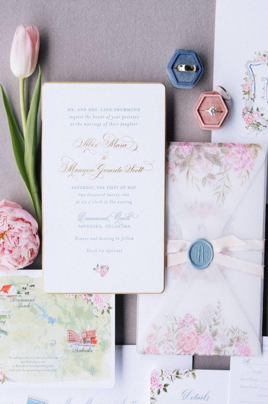 Alex Drummond and Mauricio Scotts Lavish Oklahoma Ranch Wedding Invitations