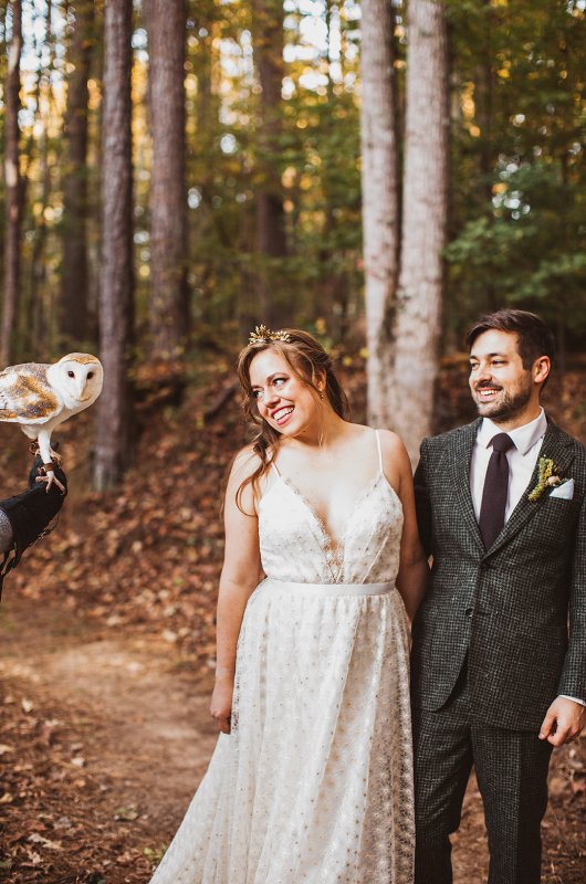 Elizabeth and Michael Marry at a Beautiful Fall Forest Wedding Couple and Owl