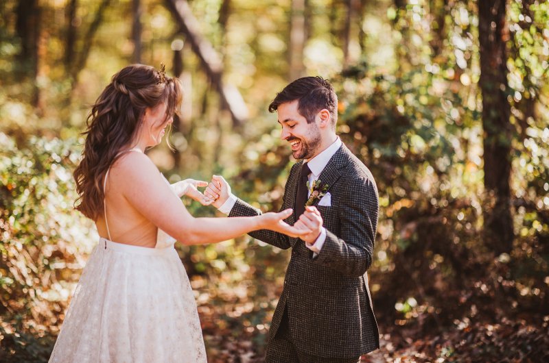 Elizabeth and Michael Marry at a Beautiful Fall Forest Wedding First Look Groom