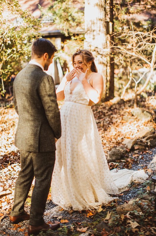Elizabeth and Michael Marry at a Beautiful Fall Forest Wedding First Look Smile Elizabeth and Michael Marry at a Beautiful Fall Forest Wedding First Look Smile