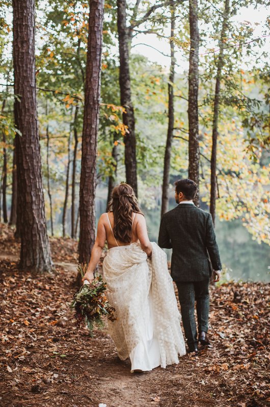 Elizabeth and Michael Marry at a Beautiful Fall Forest Wedding Walking Away