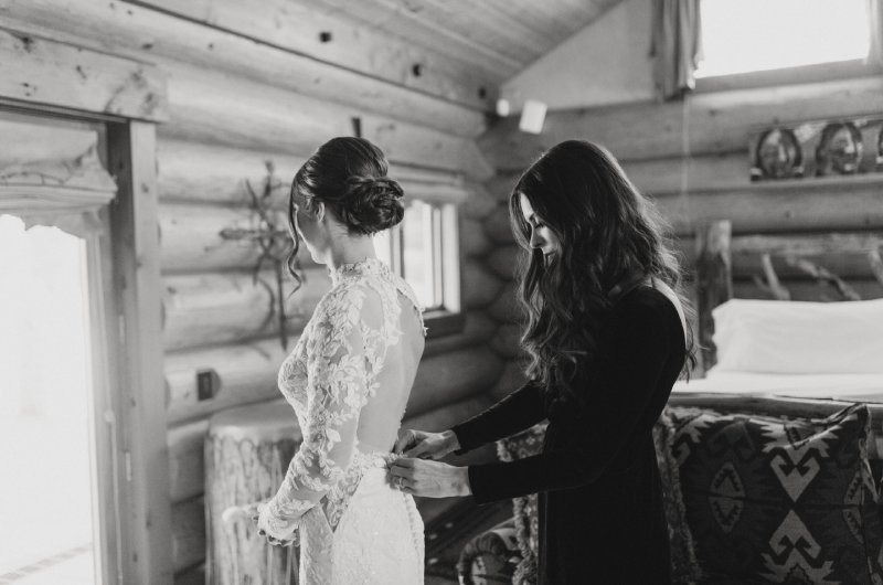 Jenny Tolman and Dave Brainard were married under the majestic Teton Mountain Range at Split Creek Ranch in Jackson Wyoming Gown