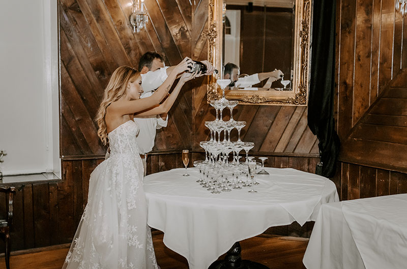 Staesha Gentry and Andrew Buhler Marry at Thorncrown Chapel in Arkansas Champagne Tower