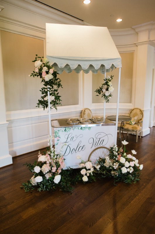 Claire Bobby Theobold table Claire Panebianco and Bobby Theobald Wedding in Houston Texas Gelato Cart