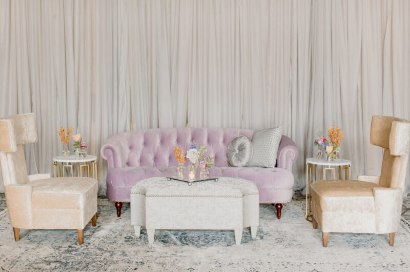 Styled By Southern Bride The Hotel At Avalon Reception Inspiration purple couch