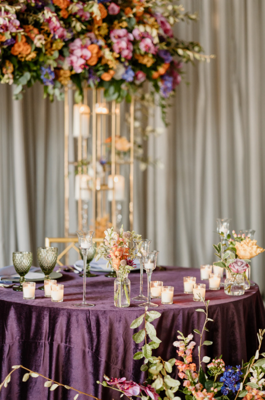 Styled By Southern Bride The Hotel At Avalon Reception Inspiration purple tablecloth