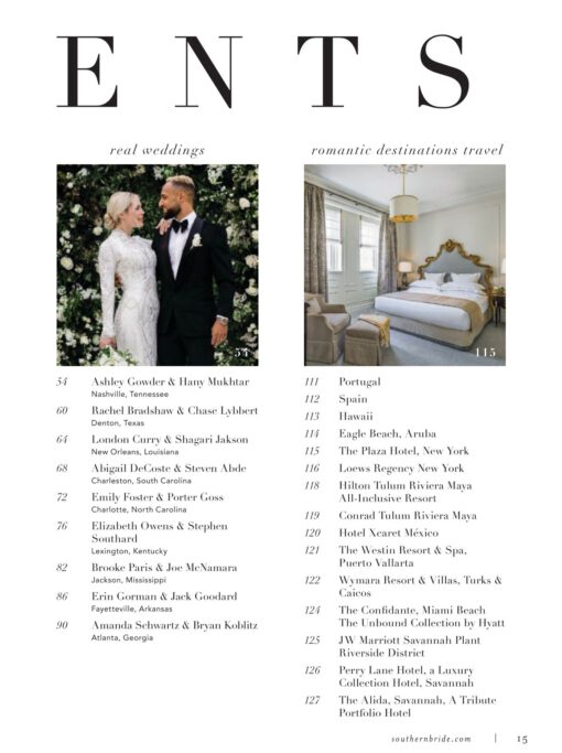 Southern Bride Magazine Summer Fall Table of Contents Two