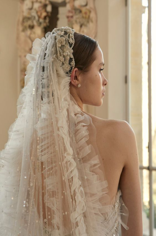 wedding fall hairstyles ruffle veil ellie saab