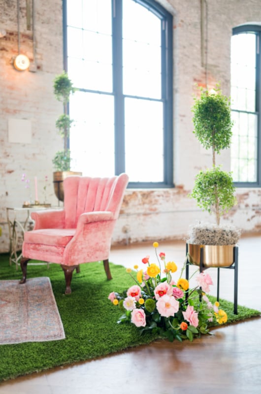 Styled Shoots By Southern Bride Charleston Cedar Room flowers in a cage Styled Shoots By Southern Bride Charleston Cedar Room apricot armchair