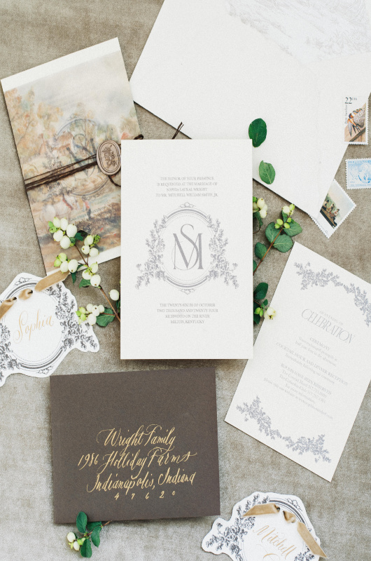 Ralph Lauren Inspired Autumnal Editorial Nestled In The Hills of Northern Kentucky pile of invitations