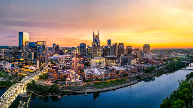 Nashville skyline with braodway and sunset