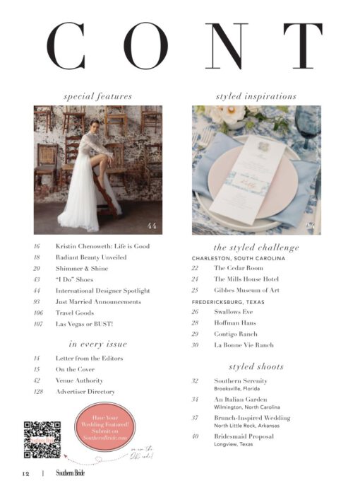 Southern Bride Magazine Winter Spring Table of Contents