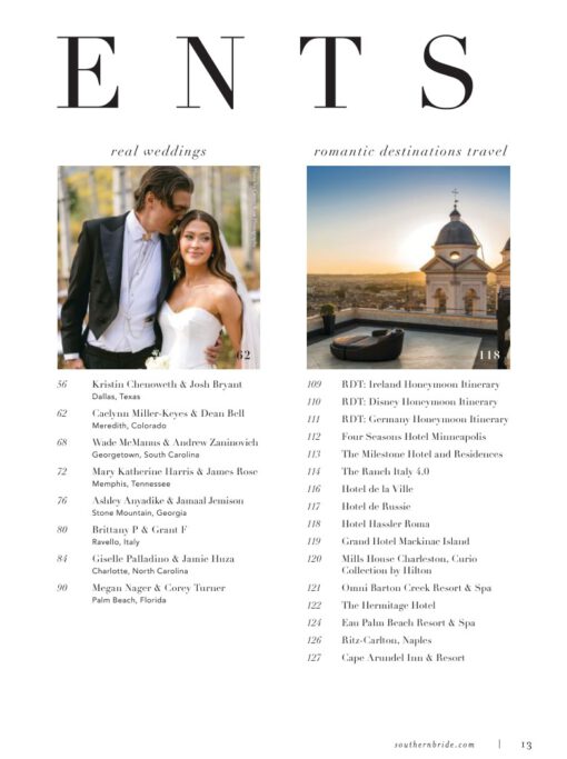 Southern Bride Magazine Winter Spring Table of Contents