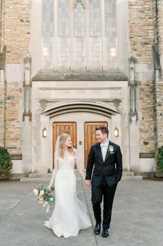 madison lawry & ryan deveikis just married bride groom in front of church
