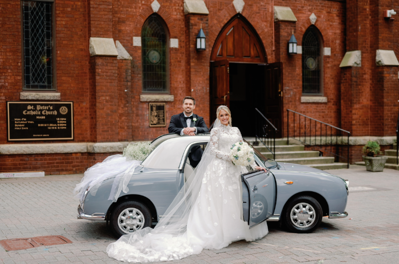 giselle palladino and jamie huzu real wedding couple and car