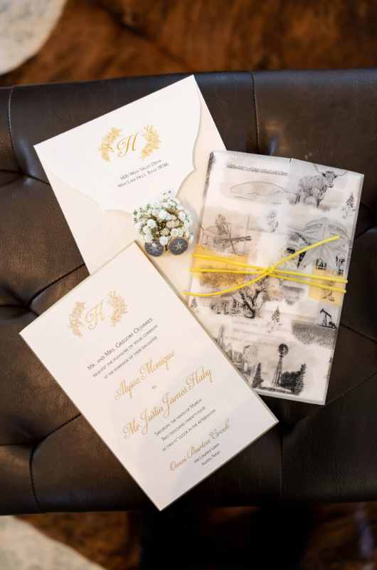 austin styled shoot country hill gold ribbon invitations