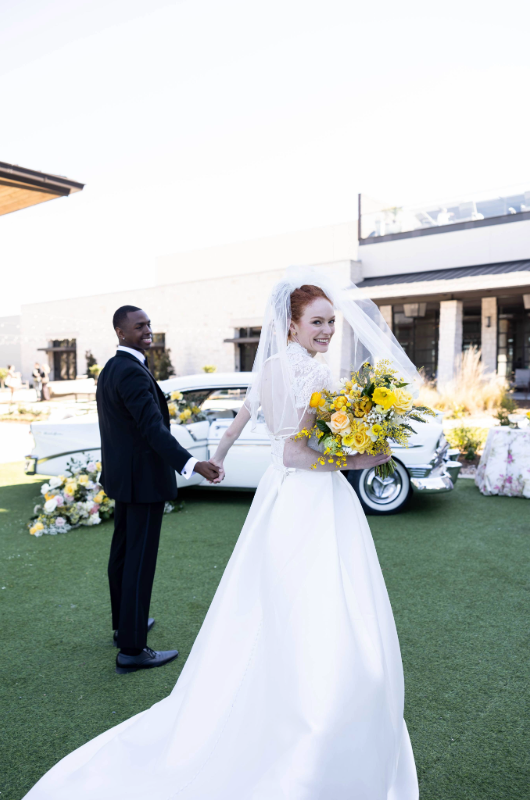 austin styled shoot winner couple looking back