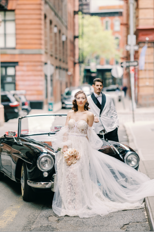 new york styled shoot bride and groom on car