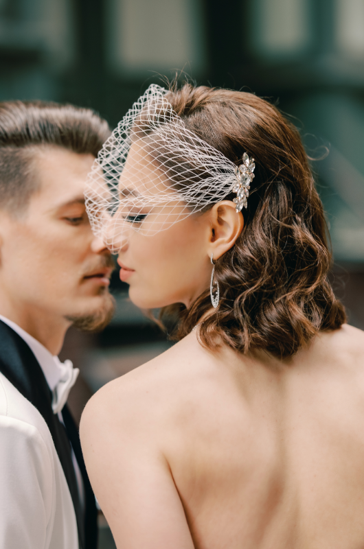 new york styled shoot couple hidden behind veil