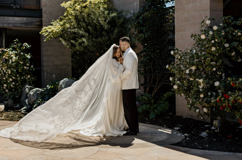 bardessono styled shoot couple embrace in garden