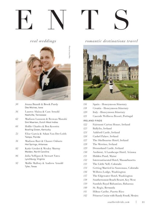 Southern Bride Magazine summer fall Table of Contents