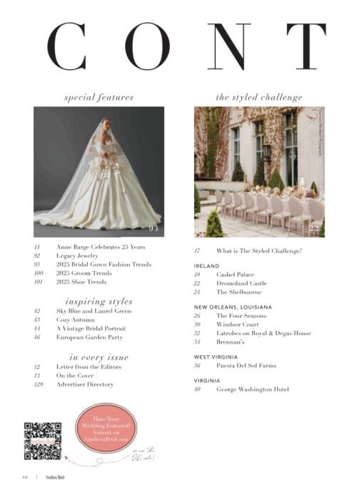Southern Bride Magazine Winter Spring 2025 - table of contents 1