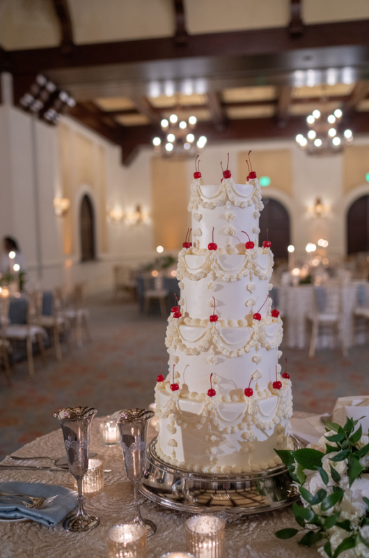 Julia Van de Bogart and John Rand Dorney real wedding cake on table