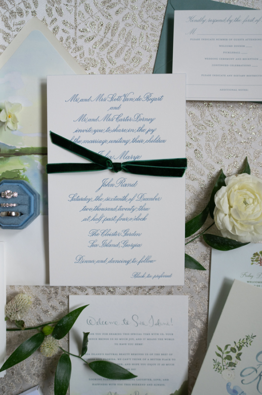 Julia Van de Bogart and John Rand Dorney real wedding invitation flatlay