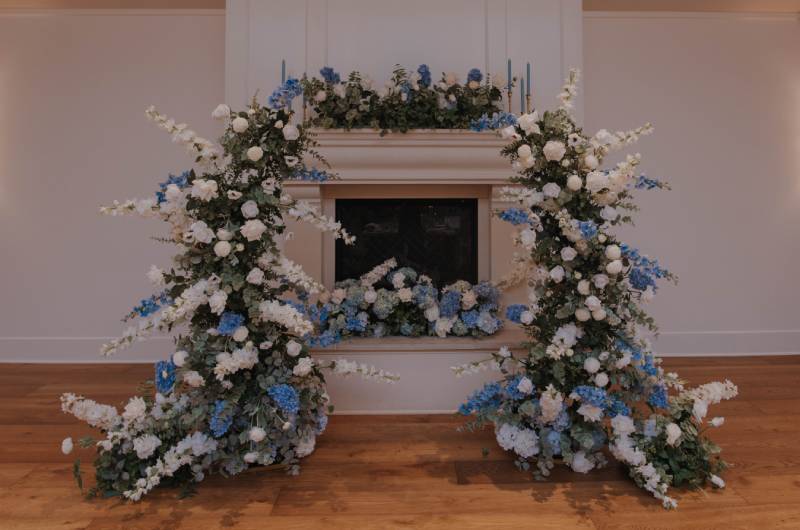 Sky Blue Laurel Green styled shoot fireplace
