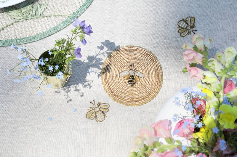 Entertaining In Bloom Spring Style Tips From Joanna Buchanan bee coaster and bee embroidered table cloth