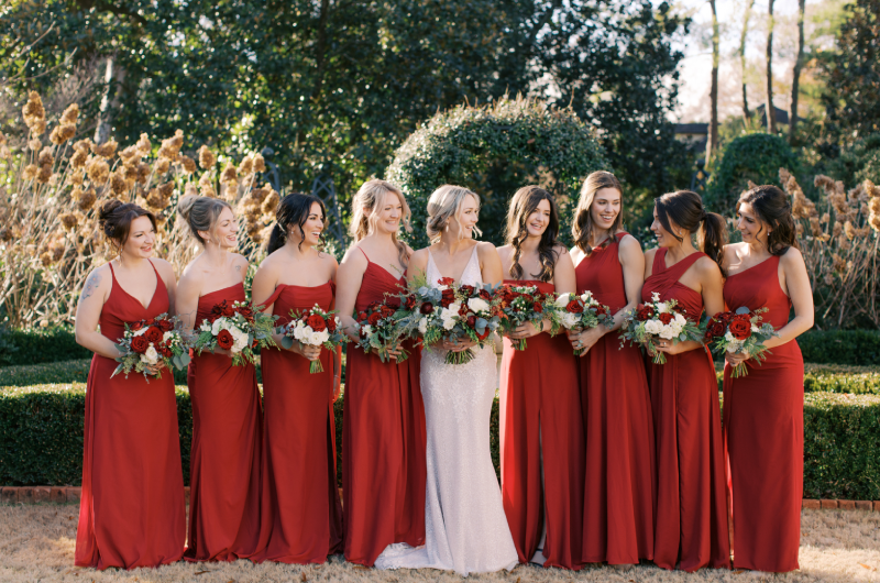 Holiday Magic Christmas Real Weddings Design Inspiration alex kenny red bridesmaid dresses