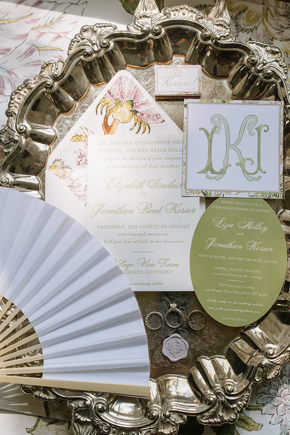 Liza Holley Jonathan Kosier elegant wedding invitation flatlay Glendale Kentucky Rooted In Wild Photo