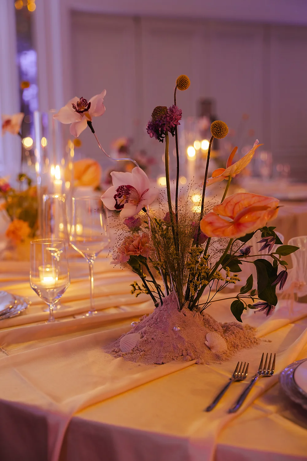 Mod Events Designs Eau Palm Beach elegant floral beach themed centerpiece Sia Weddings Photography