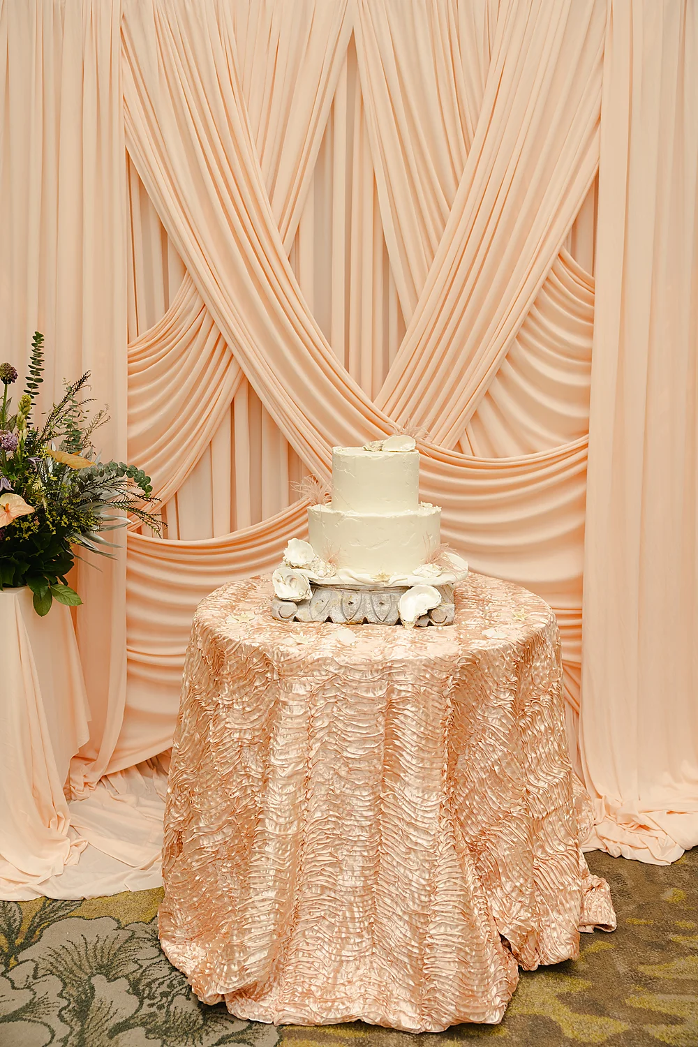 Mod Events Designs Eau Palm Beach elegant wedding cake peach draping Sia Weddings Photography