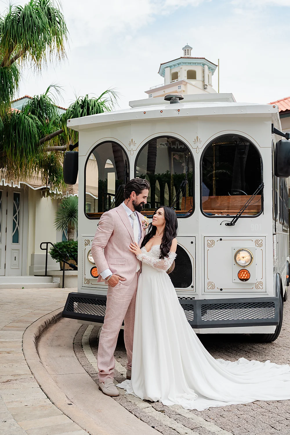 Mod Events Designs Eau Palm Beach stylish elegant wedding couple trolley Sia Weddings Photography