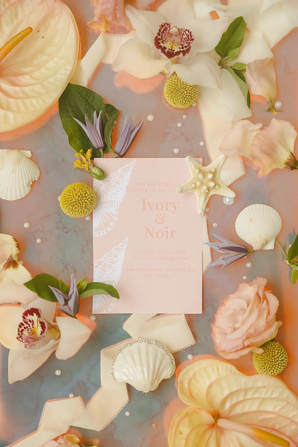 Mod Events Designs Eau Palm Beach tropical wedding invitation flatlay Sia Weddings Photography