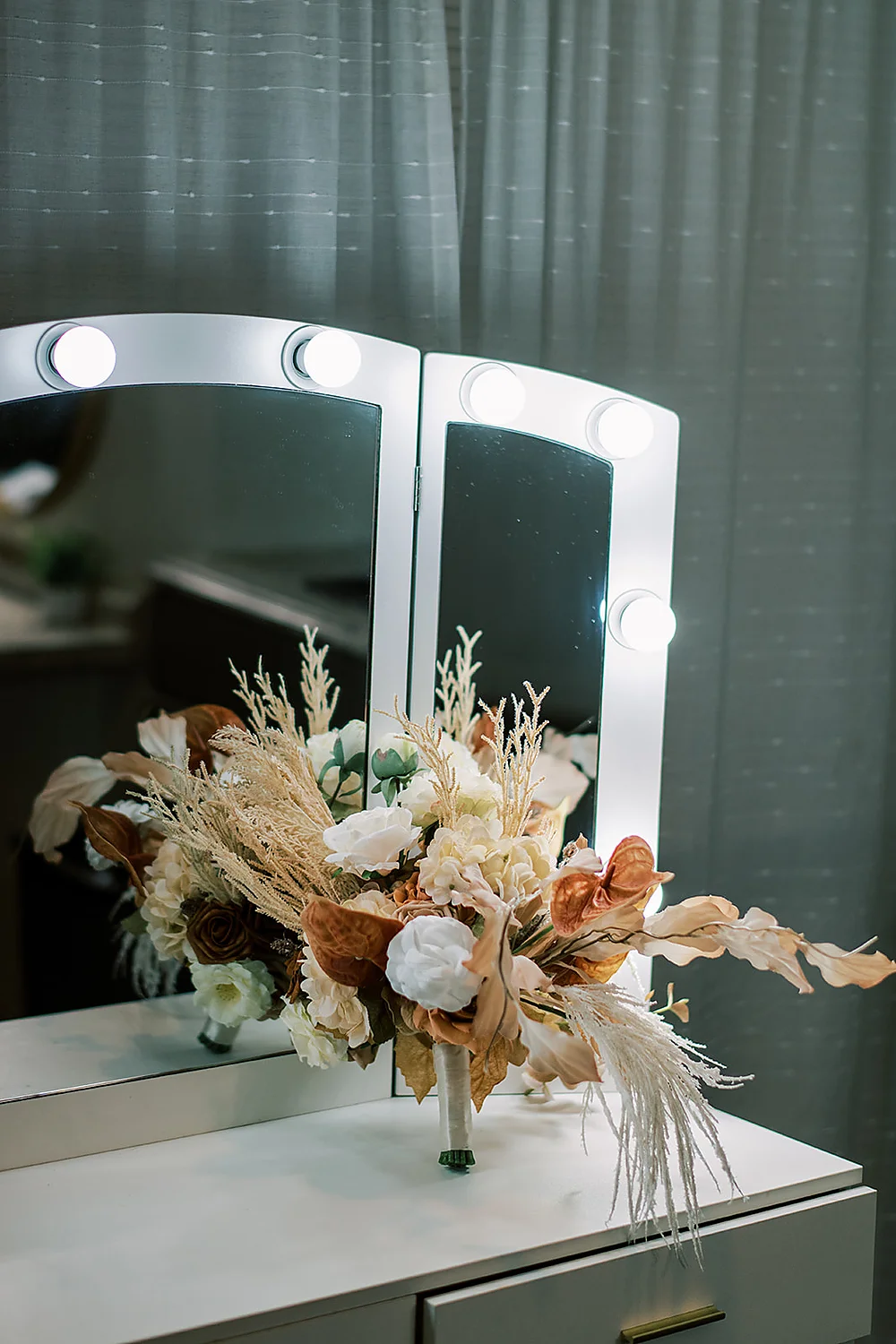 Christina Collins And Brian Gardner bouquet mirror vanity soft North Carolina Meghan Rose Photography