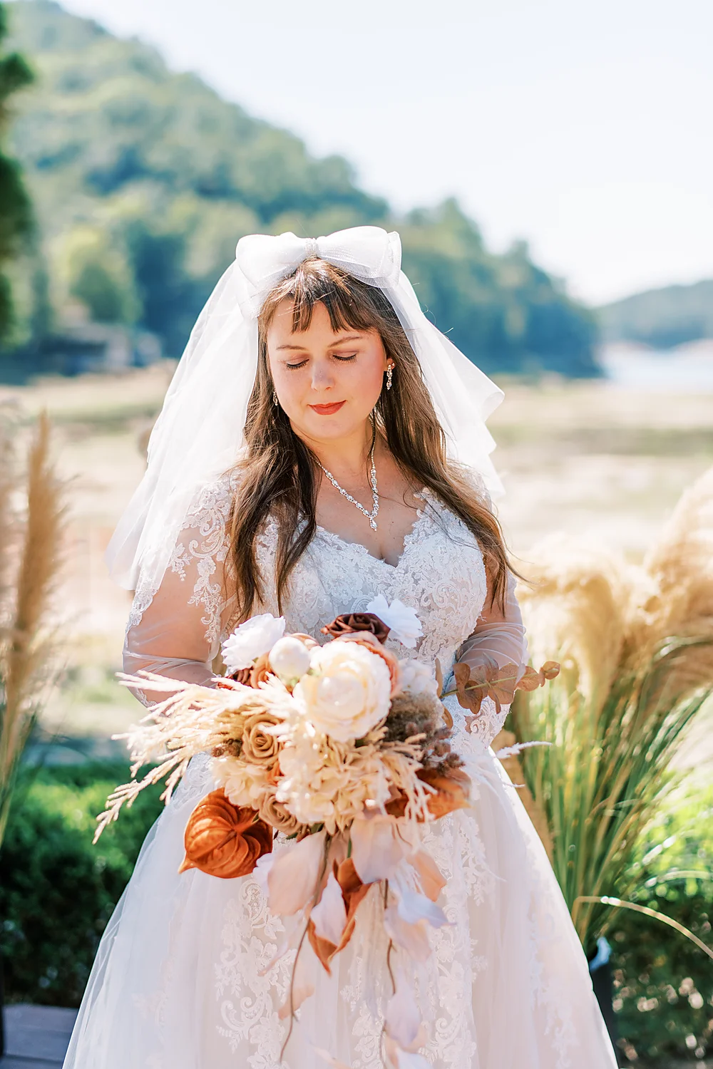 Christina Collins And Brian Gardner bride wedding dress bouquet outdoor North Carolina Meghan Rose Photography