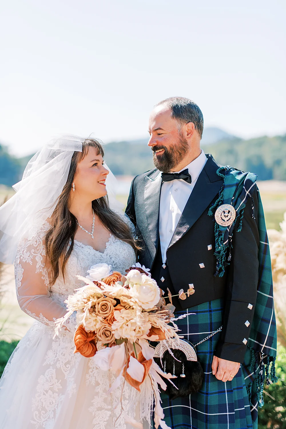 Christina Collins And Brian Gardner joyful wedding kilt outdoors couple North Carolina Meghan Rose Photography