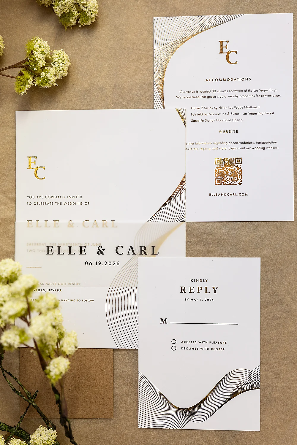 Love In Waves A Modern Luxury Wedding Editorial In Las Vegas elegant gold wedding invitation suite
