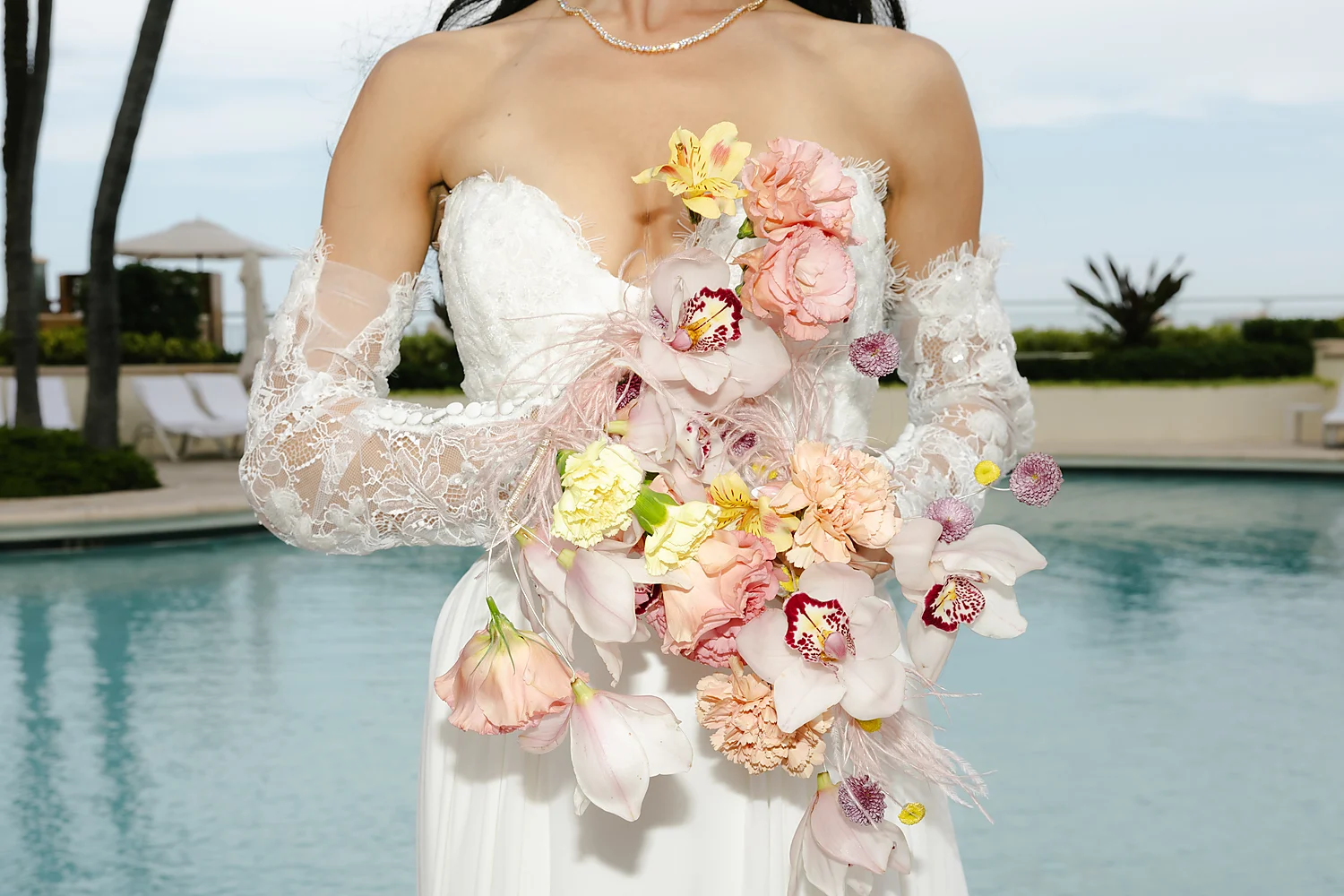 Mod Events Designs Eau Palm Beach bride bouquet pool wedding flowers Sia Weddings Photography