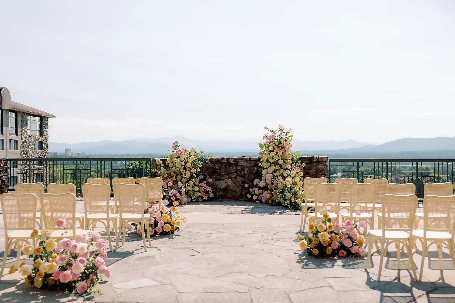 Wedding Connections Designs Omni Grove Park Inn The Styled Challenge Asheville outdoor wedding ceremony mountain views floral decor Wedding Connections Designs Omni Grove Park Inn The Styled Challenge Asheville outdoor wedding ceremony mountain views floral decor