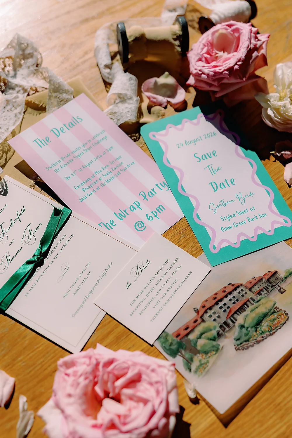 Wedding Connections Designs Omni Grove Park Inn The Styled Challenge Asheville wedding invitations flowers details
