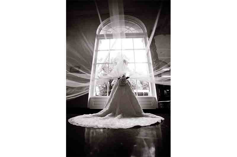 Omni Royal bride in front of window veil