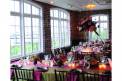 Historic Rice Mill pink reception table runner with floral centerpieces and hanging arrangement