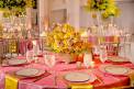 ellyB Events table pink and gold linens yellow centerpiece