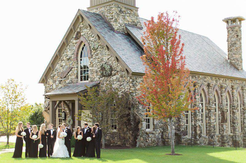 Big Cedar Lodge garden chapel exterior  bridal party at entrance