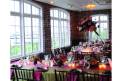Historic Rice Mill pink reception table runner with floral centerpieces and hanging arrangement