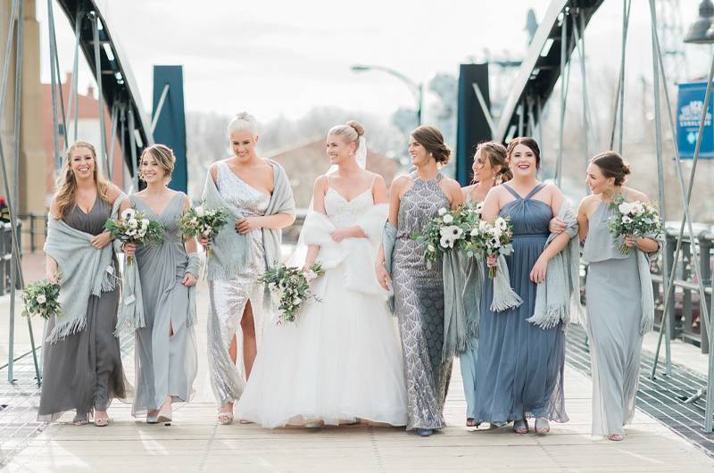 Kate Dipasquale & Chas Mye Bride And Bridesmaids On Bridge