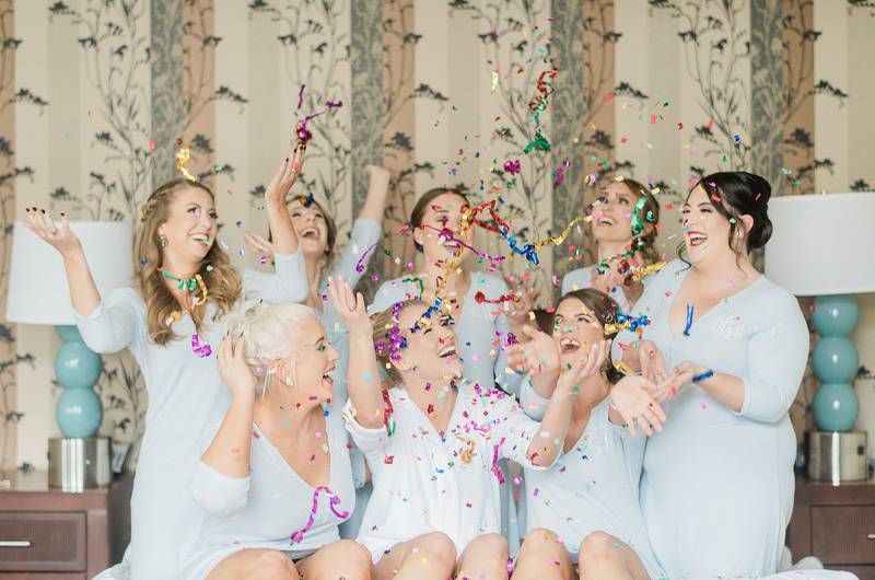 Kate Dipasquale & Chas Mye Bride And Bridesmaids With Confetti